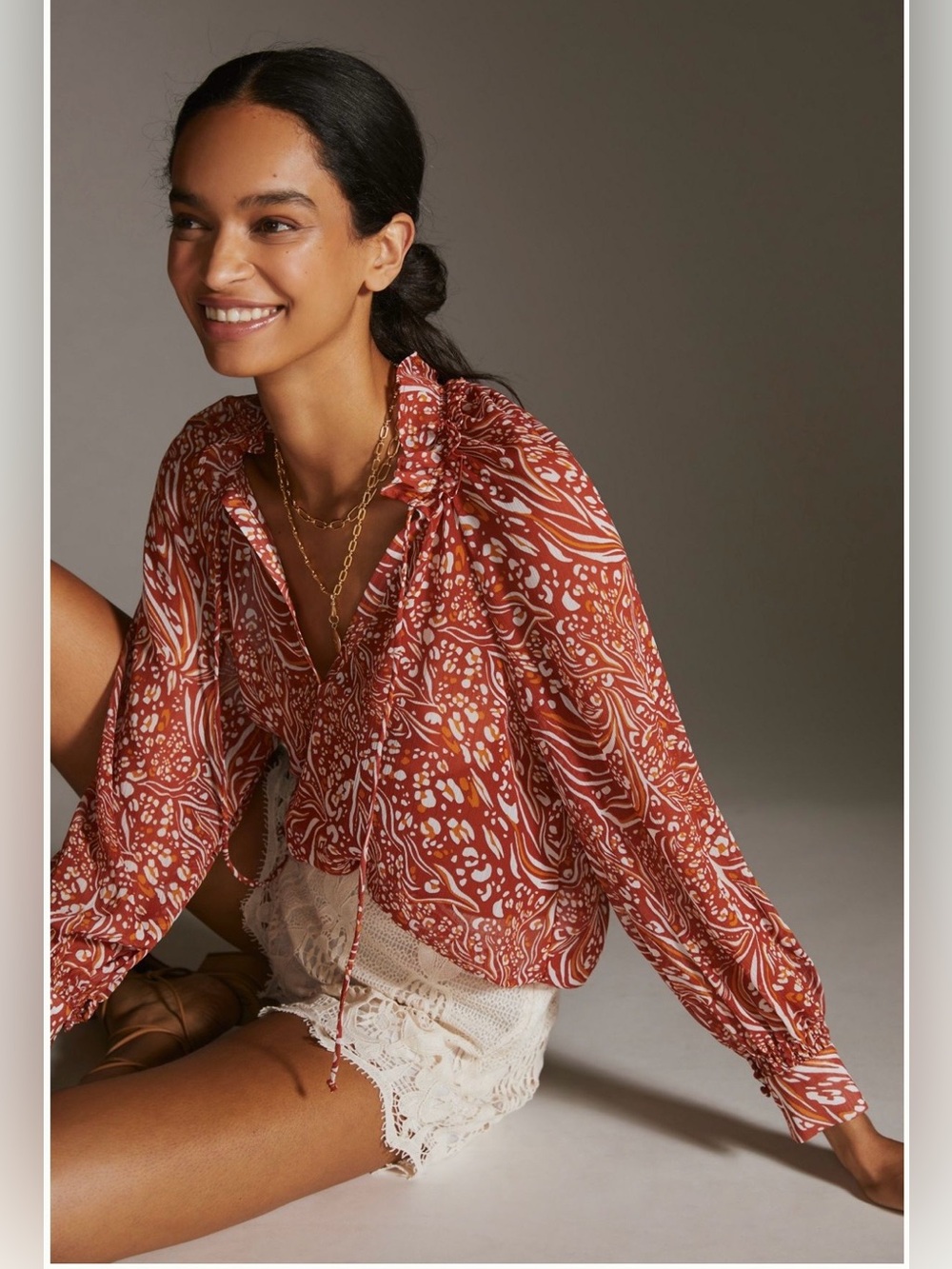 Sheer Printed Peasant Blouse